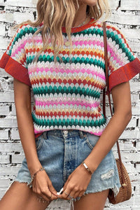 Striped Round Neck Short Sleeve Sweater