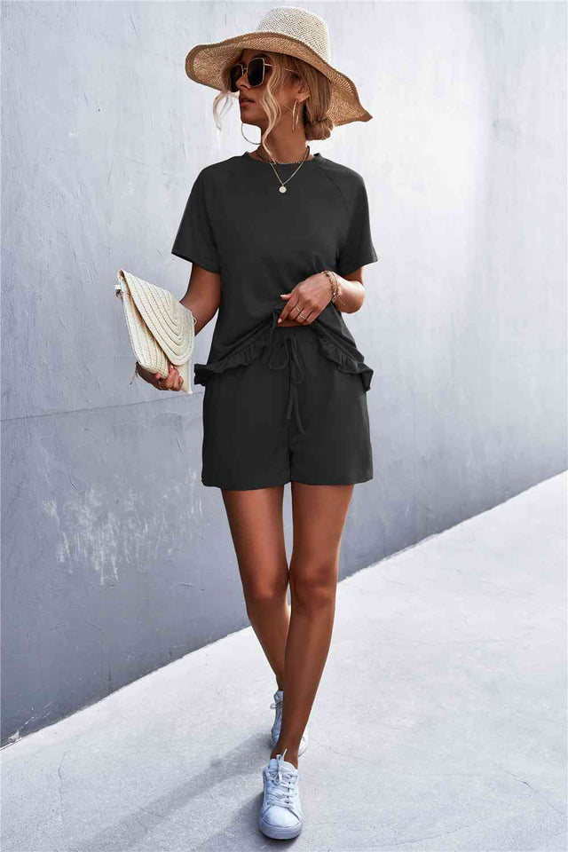 Raglan Sleeve Ruffle Hem Top and Shorts Set with Pockets