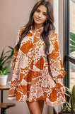 Printed Tiered Half Button Lantern Sleeve Mini Dress