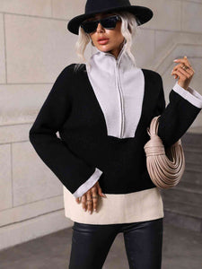 Double Take Color Block Half-Zip Dropped Shoulder Knit Pullover