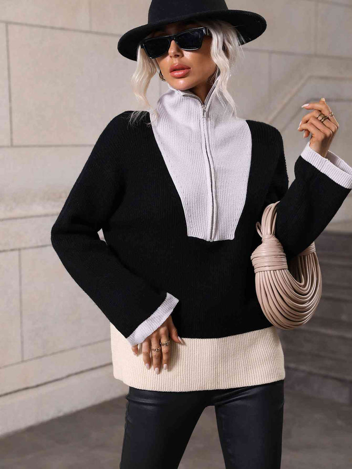 Double Take Color Block Half-Zip Dropped Shoulder Knit Pullover