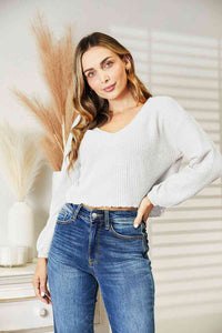 Full Size Waffle-Knit V-Neck Blouse