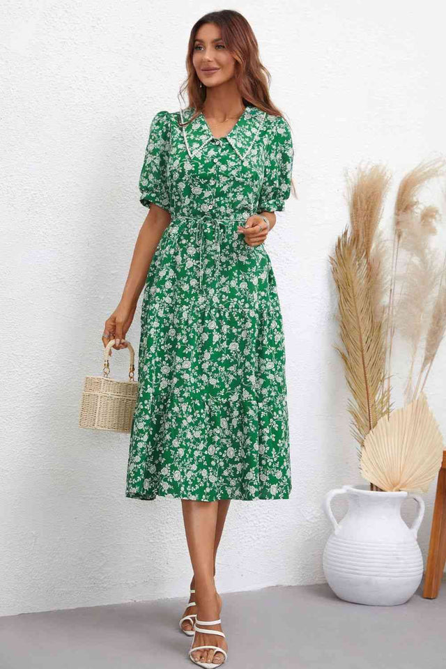 Floral Tie Waist Puff Sleeve Midi Dress