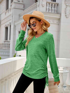 Drawstring V-Neck Long Sleeve T-Shirt - Rags 2 Riches Shop