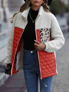 Leopard Color Block Zip-Up Jacket