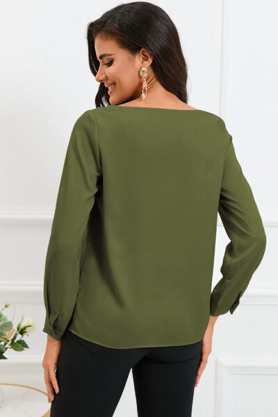 Asymmetric Neck Long Sleeve Satin Blouse