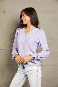 Double Take Eyelet V-Neck Flounce Sleeve Blouse