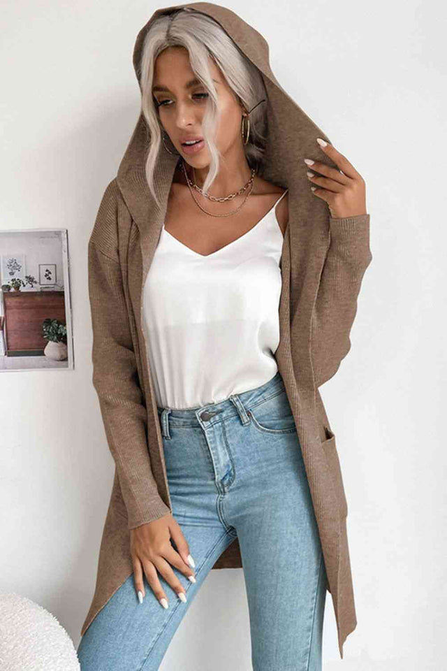 Double Take Ribbed Open Front Hooded Cardigan with Pockets