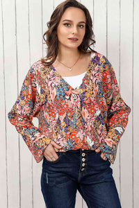 Double Take Floral V-Neck Long Sleeve Blouse