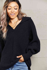 Double Take Horizontal Ribbing Johnny Collar Sweater