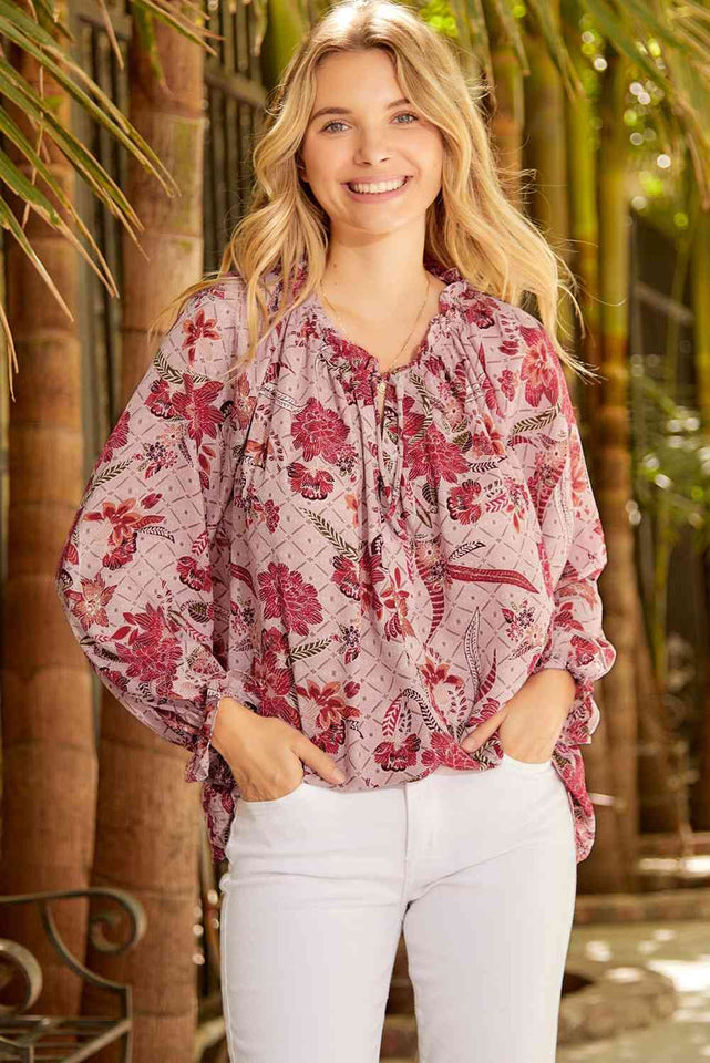 Floral Tie Neck Flounce Sleeve Blouse - Rags 2 Riches Shop