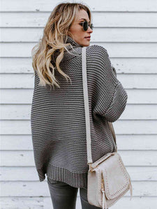 Turtleneck Dropped Shoulder Slit Sweater - Rags 2 Riches Shop