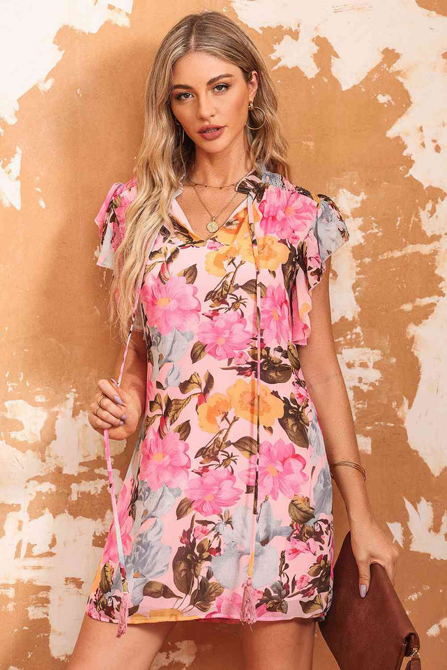 Floral Tie Neck Flutter Sleeve Dress - Rags 2 Riches Shop