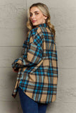 Double Take Plaid Curved Hem Shirt Jacket with Breast Pockets