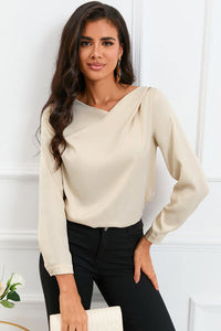 Asymmetric Neck Long Sleeve Satin Blouse