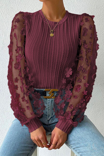 Double Take Textured Applique Long Sleeve Blouse