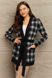 Ninexis Full Size Plaid Tie Waist Pocketed Cardigan