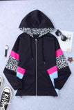 Double Take Leopard Color Block Zip-Up Hooded Jacket