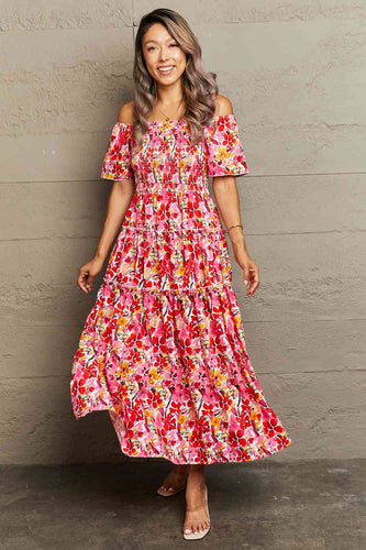 Floral Off-Shoulder Frill Trim Maxi Dress