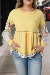 Round Neck Long Sleeve Babydoll Blouse - Rags 2 Riches Shop