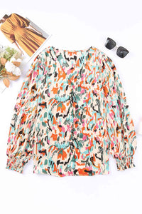 Double Take Multicolored V-Neck Lantern Sleeve Shirt