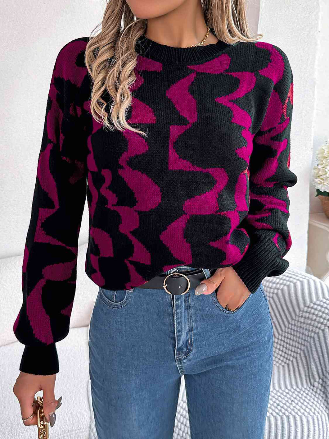 Round Neck Long Sleeve Sweater - Rags 2 Riches Shop