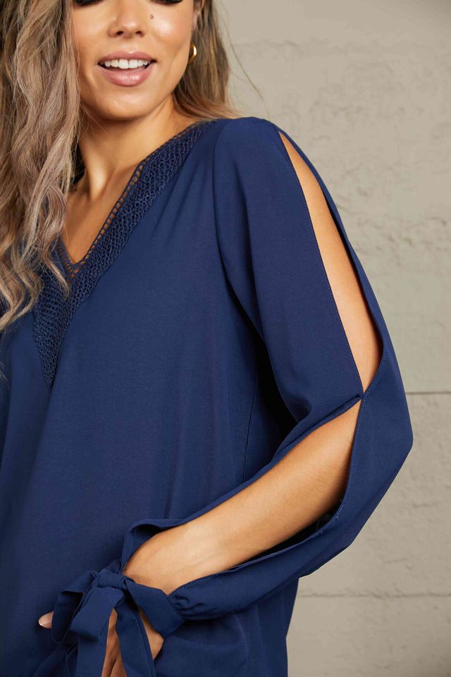 Double Take V-Neck Tie Cuff Slit Blouse