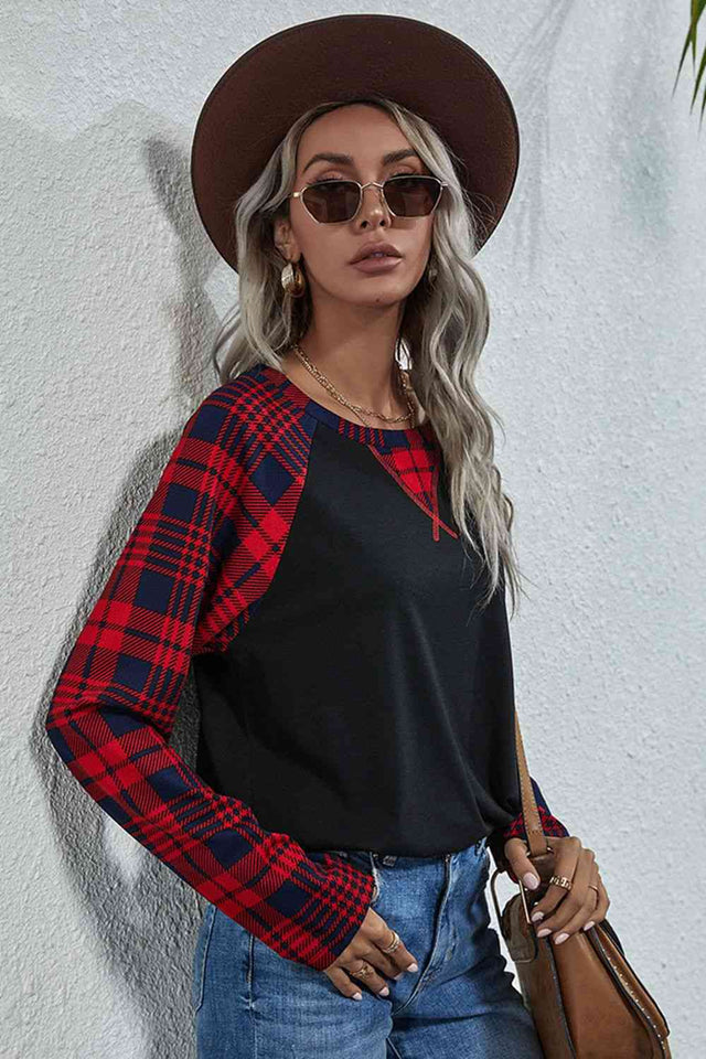 Double Take Plaid Print Long Raglan Sleeve Tee