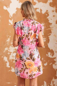 Floral Tie Neck Flutter Sleeve Dress - Rags 2 Riches Shop