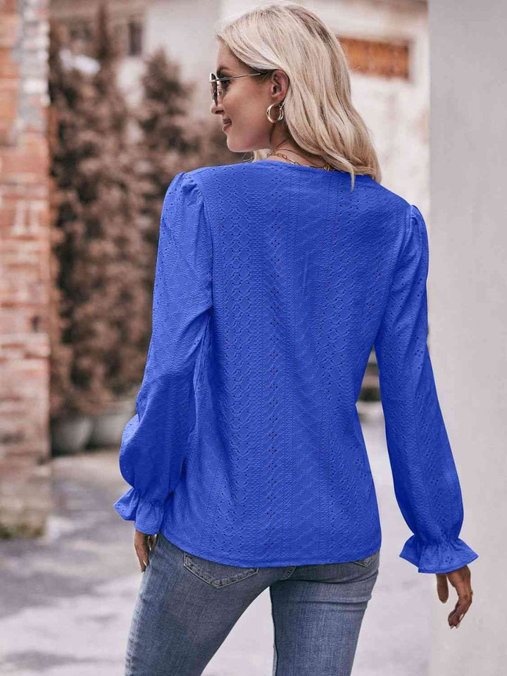 Double Take Eyelet V-Neck Flounce Sleeve Blouse