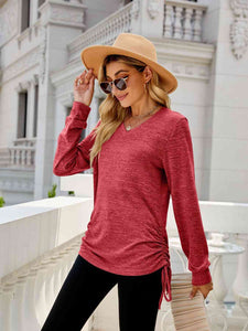 Drawstring V-Neck Long Sleeve T-Shirt - Rags 2 Riches Shop