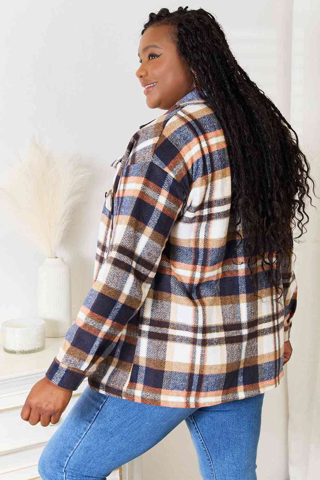 Double Take Plaid Button Front Shirt Jacket with Breast Pockets