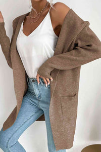 Double Take Ribbed Open Front Hooded Cardigan with Pockets