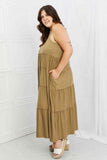 Zenana Full Size Spaghetti Strap Tiered Dress with Pockets in Khaki