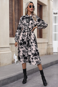 Floral Balloon Sleeve Tied Midi Dress