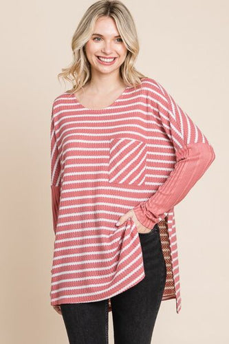 Culture Code Oversize Striped Round Neck Long Sleeve Slit T-Shirt