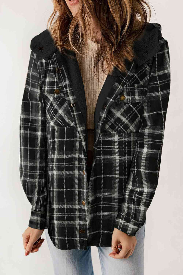 Plaid Snap Down Hooded Jacket