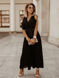 Tied Surplice Cap Sleeve Pleated Dress