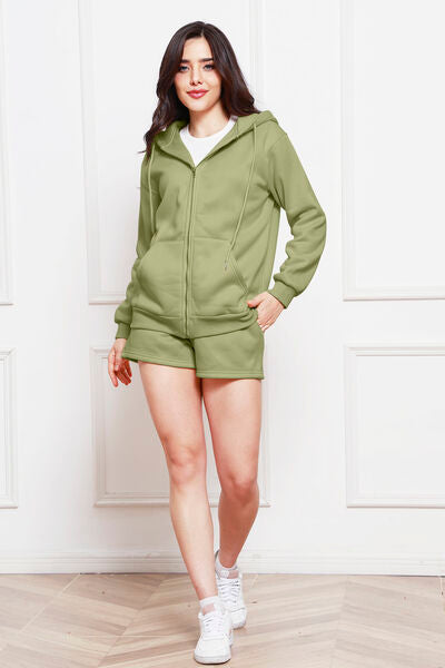 Zip Up Drawstring Hoodie and Shorts Set