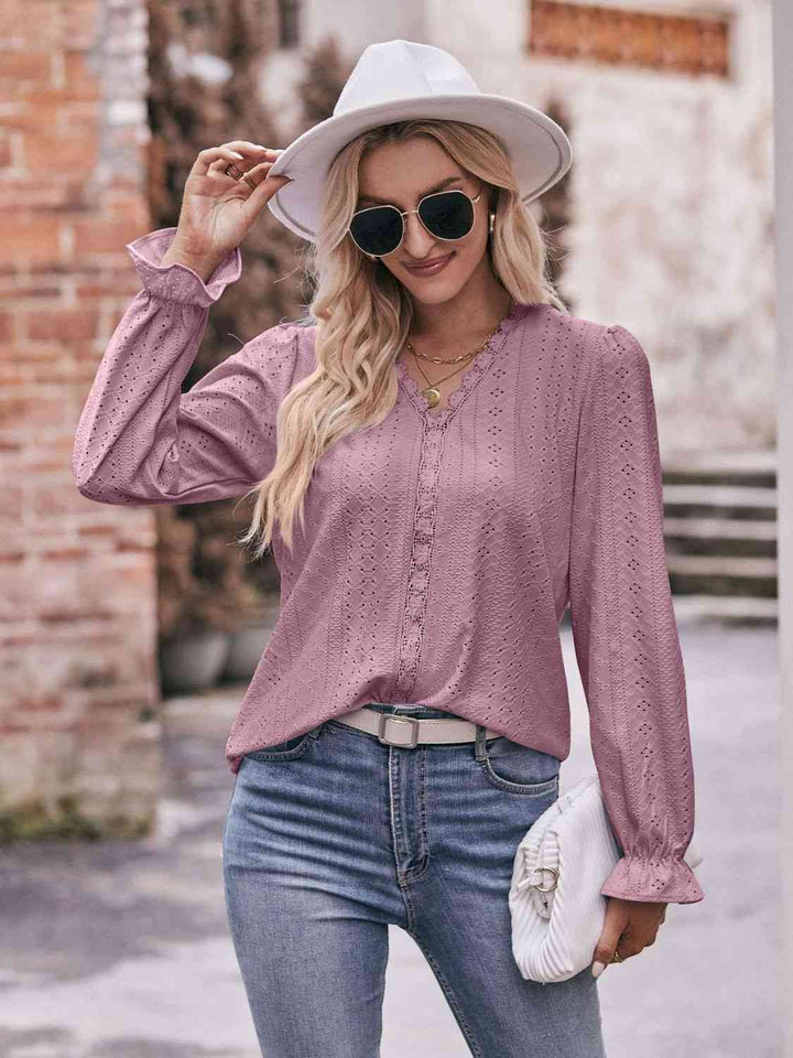 Double Take Eyelet V-Neck Flounce Sleeve Blouse