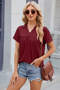 Ruched Johnny Collar Short Sleeve Blouse