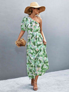 Printed Tie Waist One Shoulder Maxi Dress