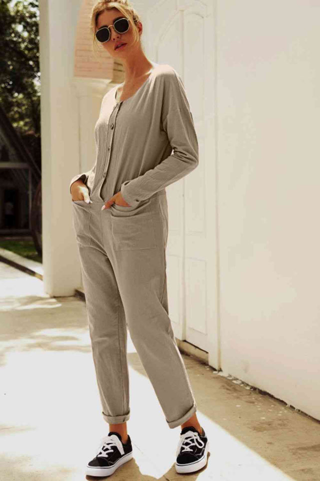 Buttoned Drop Shoulder Pocket Jumpsuit