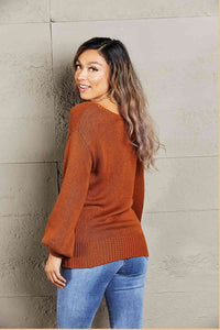 Double Take Tied Balloon Sleeve Round Neck Sweater