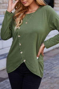 Decorative Button Round Neck Long Sleeve T-Shirt