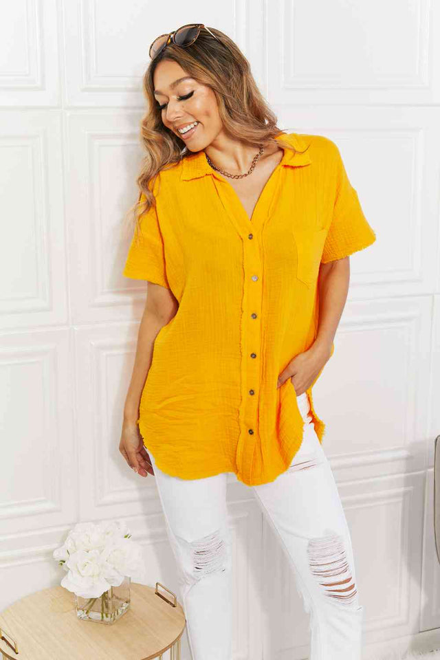 Zenana Full Size Summer Breeze Gauze Short Sleeve Shirt in Mustard