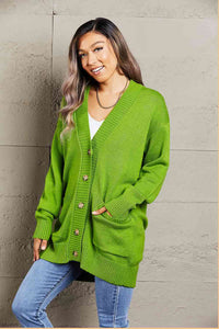 Double Take Ribbed Trim Dropped Shoulder Pocketed Cardigan