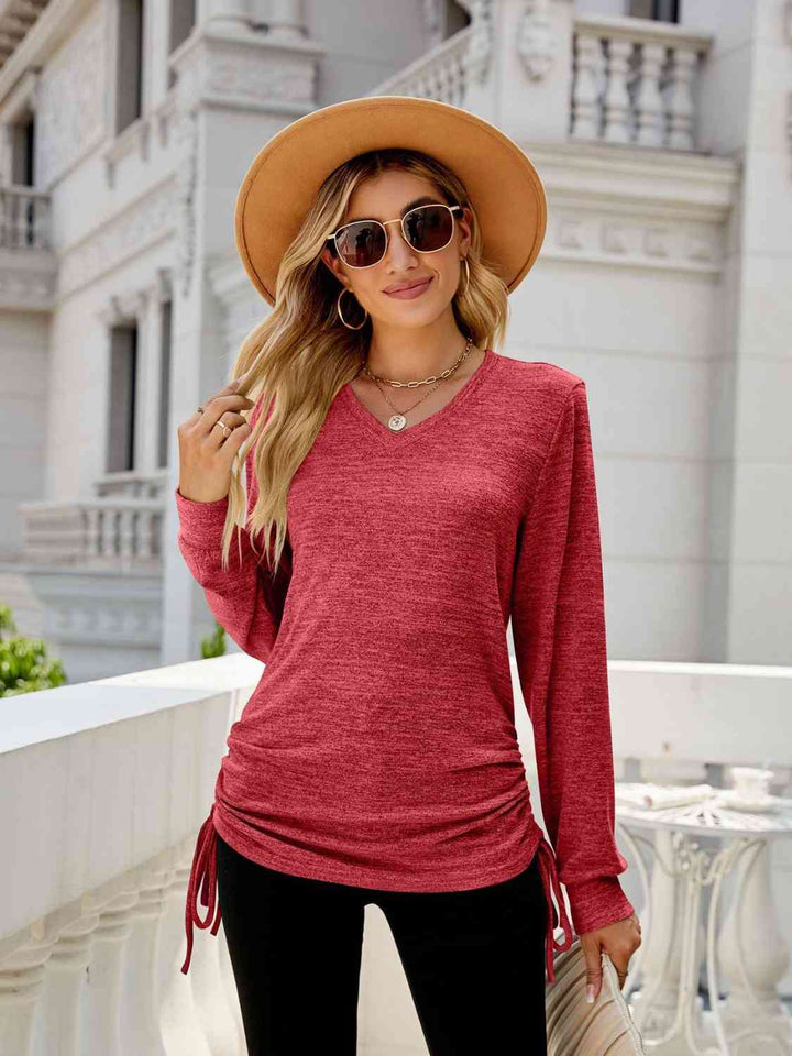 Drawstring V-Neck Long Sleeve T-Shirt - Rags 2 Riches Shop