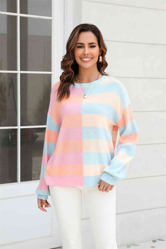 Round Neck Long Sleeve Color Block Dropped Shoulder Pullover Sweater