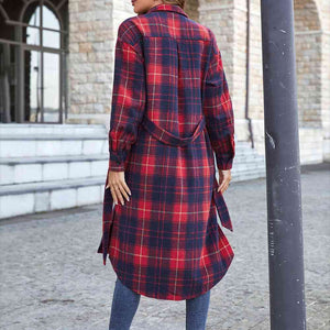 Double Take Plaid Belted Button Down Longline Shirt Jacket